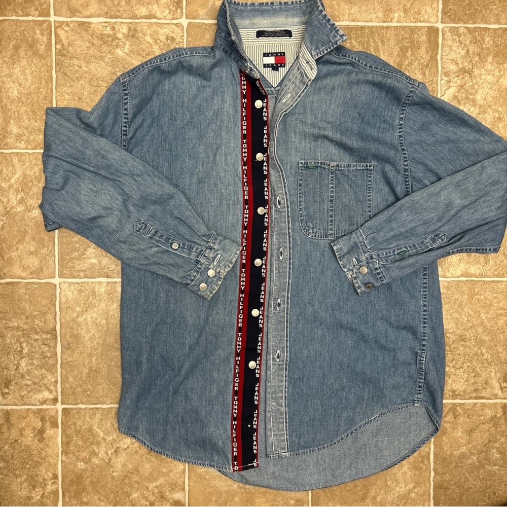 VTG Y2K Tommy Hilfiger Long Sleeve Denim Button Up Shirt Large Men  Cotton